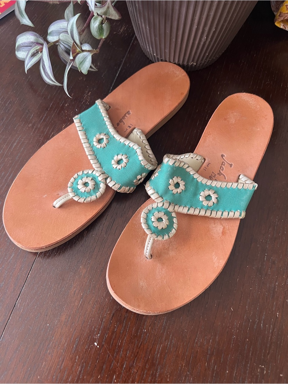 Jack Rogers Teal and Cream Thong Sandals